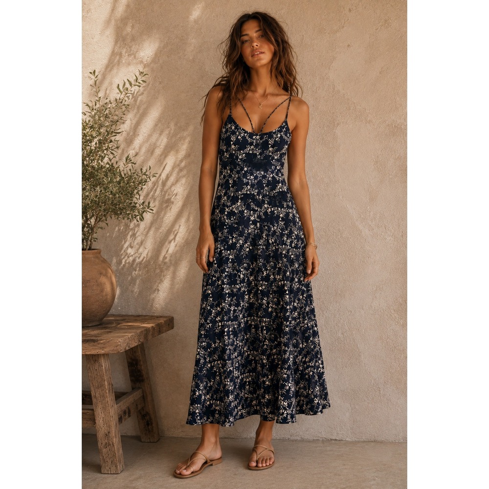 Pact Organic Cotton Midi Dress Womens XL Blue Floral Fit & Flare Shelf Bra